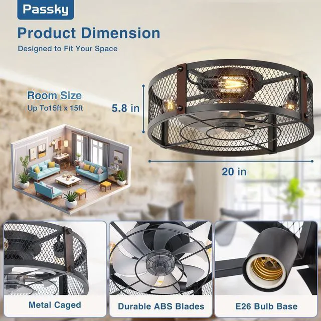 Alt view image 4 of 7 - 20" Caged Ceiling Fans with Lights and Remote, Low Profile Fandelier Reversible DC Motor, 1/2/4H Timer, 6 Speeds, Farmhouse Style, Quiet Operation, for Bedroom, Kitchen, Dining Room, Living Room