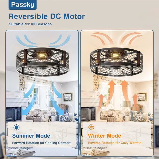 Alt view image 7 of 7 - 20" Caged Ceiling Fans with Lights and Remote, Low Profile Fandelier Reversible DC Motor, 1/2/4H Timer, 6 Speeds, Farmhouse Style, Quiet Operation, for Bedroom, Kitchen, Dining Room, Living Room