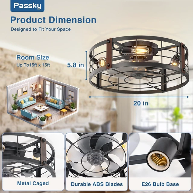 Alt view image 2 of 7 - 20" Caged Ceiling Fans with Lights and Remote, Low Profile Fandelier Reversible DC Motor, 1/2/4H Timer, 6 Speeds, Farmhouse Style, Quiet Operation, for Bedroom, Kitchen, Dining Room, Living Room