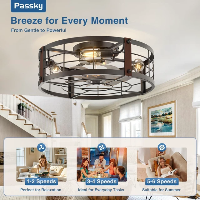 Alt view image 3 of 7 - 20" Caged Ceiling Fans with Lights and Remote, Low Profile Fandelier Reversible DC Motor, 1/2/4H Timer, 6 Speeds, Farmhouse Style, Quiet Operation, for Bedroom, Kitchen, Dining Room, Living Room