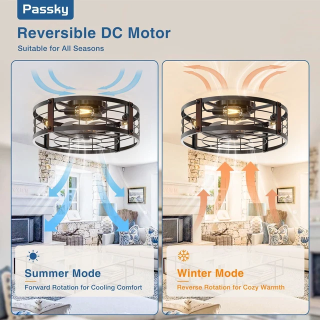 Alt view image 5 of 7 - 20" Caged Ceiling Fans with Lights and Remote, Low Profile Fandelier Reversible DC Motor, 1/2/4H Timer, 6 Speeds, Farmhouse Style, Quiet Operation, for Bedroom, Kitchen, Dining Room, Living Room