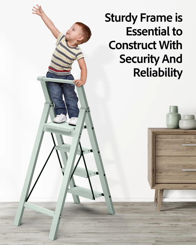 Alt view image 5 of 7 - 4 Step Ladder,Aluminum Step Stool Foldable-Fairyland Green Lightweight Folding Ladder with Convenient Handgrip,Wide Top Pedal,330lbs Capacity Stepladder for Home,Office,Kitchen