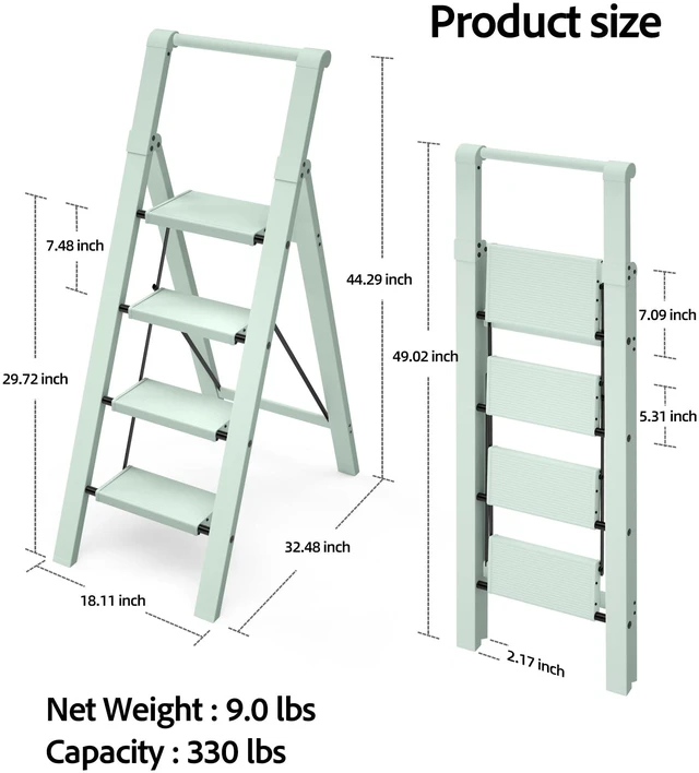 Alt view image 6 of 7 - 4 Step Ladder,Aluminum Step Stool Foldable-Fairyland Green Lightweight Folding Ladder with Convenient Handgrip,Wide Top Pedal,330lbs Capacity Stepladder for Home,Office,Kitchen