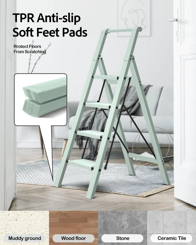 Alt view image 7 of 7 - 4 Step Ladder,Aluminum Step Stool Foldable-Fairyland Green Lightweight Folding Ladder with Convenient Handgrip,Wide Top Pedal,330lbs Capacity Stepladder for Home,Office,Kitchen