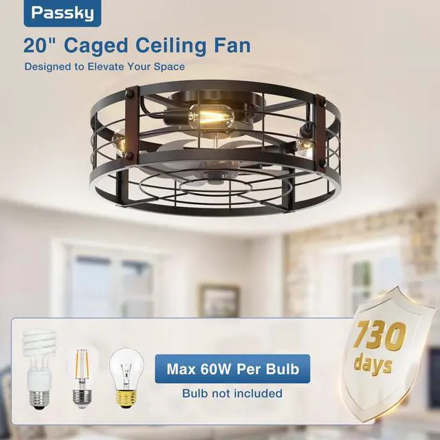 Alt view image 7 of 7 - 20" Caged Ceiling Fans with Lights and Remote, Low Profile Fandelier Reversible DC Motor, 1/2/4H Timer, 6 Speeds, Farmhouse Style, Quiet Operation, for Bedroom, Kitchen, Dining Room, Living Room