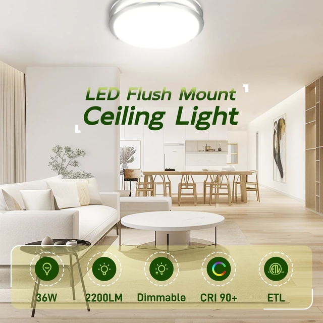 Alt view image 6 of 7 - 16 inch Dimmable LED Flush Mount Ceiling Light Fixture,2200LM 36W 2.7/3/3.5/4K/5K Adjustbale, 120°Light Angle, CRI90, Ceiling Lamp for Bedroom, Kitchen, Office,ETL Listed,Nickel,2Pack