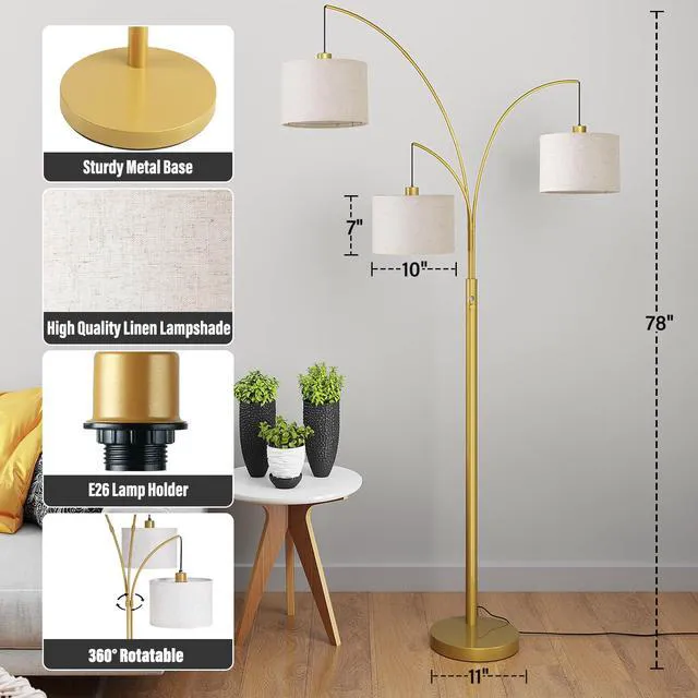 Alt view image 3 of 7 - 3 Lights Floor Lamps for Living Room78" Tall Arc Standing Lamp Hanging Drum Linen Shade & Heavy Base, E26 Lamp Holder, 360°Rotatable Arc StanchionMid Century Tree Lamp for BedroomCorner