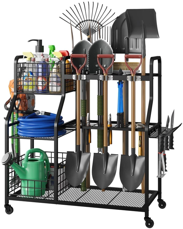 Main image of Garden Tool Holder Organizer with Heavy Duty Wheels for Garage 3 Tier Yard Tool Holder with 35 Long-Handled Tool Slots, Heavy Duty Garden Tool Rack for Shed, Yard, Garage