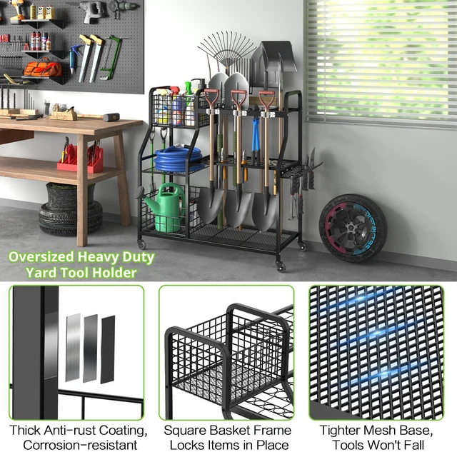 Alt view image 3 of 7 - Garden Tool Holder Organizer with Heavy Duty Wheels for Garage 3 Tier Yard Tool Holder with 35 Long-Handled Tool Slots, Heavy Duty Garden Tool Rack for Shed, Yard, Garage