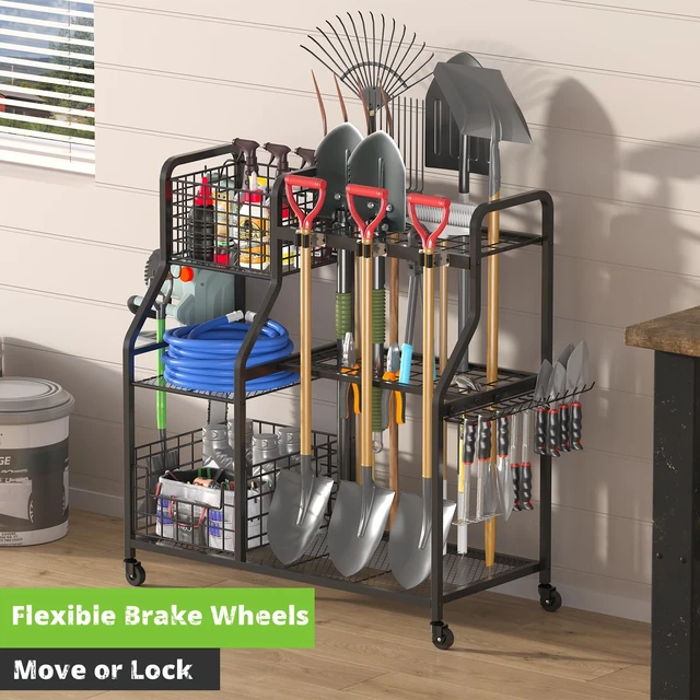 Alt view image 4 of 7 - Garden Tool Holder Organizer with Heavy Duty Wheels for Garage 3 Tier Yard Tool Holder with 35 Long-Handled Tool Slots, Heavy Duty Garden Tool Rack for Shed, Yard, Garage