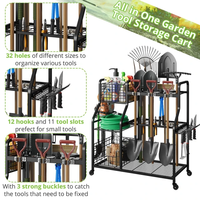 Alt view image 5 of 7 - Garden Tool Holder Organizer with Heavy Duty Wheels for Garage 3 Tier Yard Tool Holder with 35 Long-Handled Tool Slots, Heavy Duty Garden Tool Rack for Shed, Yard, Garage