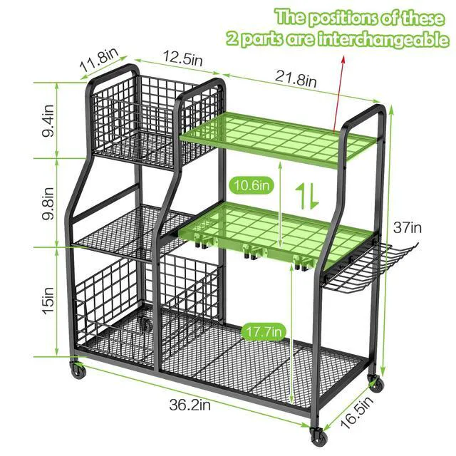 Alt view image 6 of 7 - Garden Tool Holder Organizer with Heavy Duty Wheels for Garage 3 Tier Yard Tool Holder with 35 Long-Handled Tool Slots, Heavy Duty Garden Tool Rack for Shed, Yard, Garage