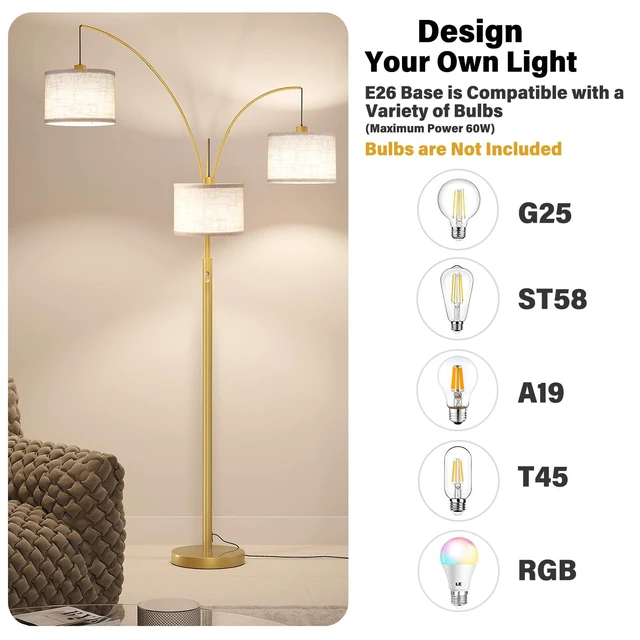 Alt view image 4 of 7 - 3 Lights Floor Lamps for Living Room78" Tall Arc Standing Lamp Hanging Drum Linen Shade & Heavy Base, E26 Lamp Holder, 360°Rotatable Arc StanchionMid Century Tree Lamp for BedroomCorner