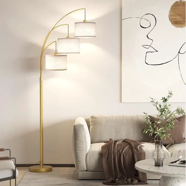 Alt view image 5 of 7 - 3 Lights Floor Lamps for Living Room78" Tall Arc Standing Lamp Hanging Drum Linen Shade & Heavy Base, E26 Lamp Holder, 360°Rotatable Arc StanchionMid Century Tree Lamp for BedroomCorner