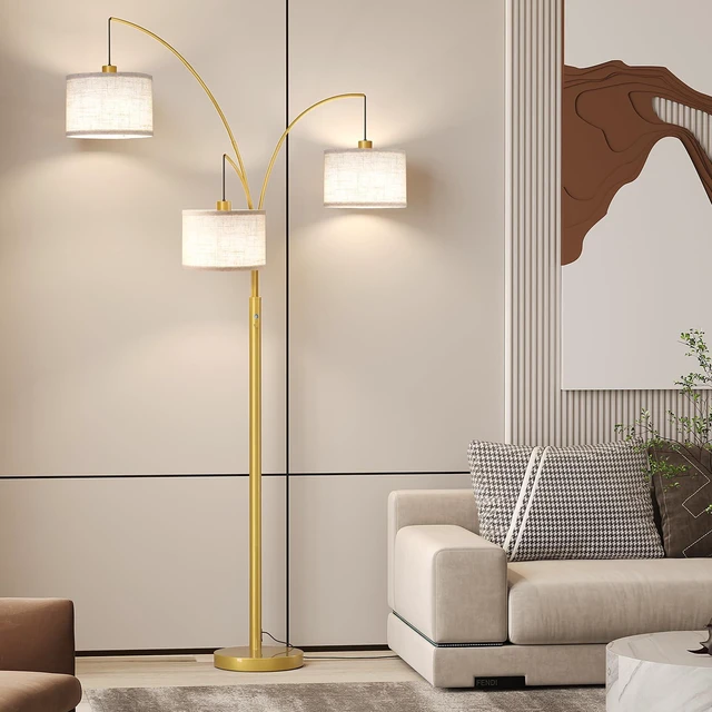 Alt view image 7 of 7 - 3 Lights Floor Lamps for Living Room78" Tall Arc Standing Lamp Hanging Drum Linen Shade & Heavy Base, E26 Lamp Holder, 360°Rotatable Arc StanchionMid Century Tree Lamp for BedroomCorner