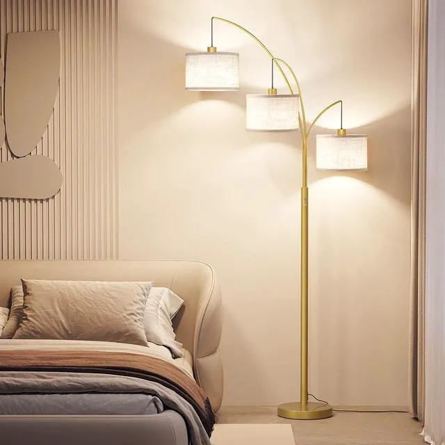 Alt view image 6 of 7 - 3 Lights Floor Lamps for Living Room78" Tall Arc Standing Lamp Hanging Drum Linen Shade & Heavy Base, E26 Lamp Holder, 360°Rotatable Arc StanchionMid Century Tree Lamp for BedroomCorner