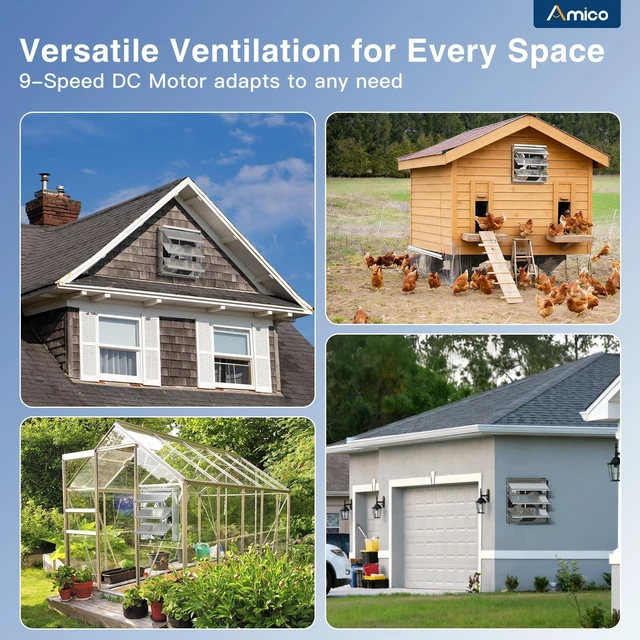 Alt view image 4 of 7 - 14" Shutter Exhaust Fan, Remote 9-Speed 35W EC Motor, 1600 CFM Energy-Efficient Wall Mount Ventilation Fan, Garage, Workshop, Greenhouse, Attic, Plug&Play 8-Hr Timer, 3-Year Protection
