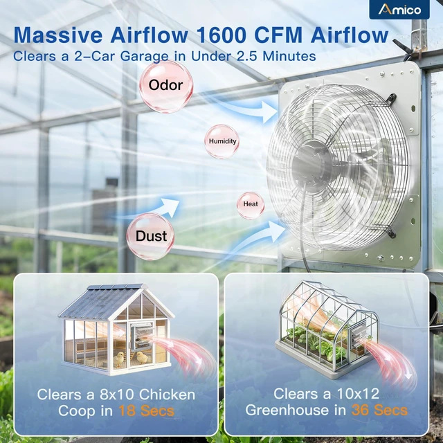 Alt view image 5 of 7 - 14" Shutter Exhaust Fan, Remote 9-Speed 35W EC Motor, 1600 CFM Energy-Efficient Wall Mount Ventilation Fan, Garage, Workshop, Greenhouse, Attic, Plug&Play 8-Hr Timer, 3-Year Protection