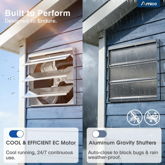 Alt view image 7 of 7 - 14" Shutter Exhaust Fan, Remote 9-Speed 35W EC Motor, 1600 CFM Energy-Efficient Wall Mount Ventilation Fan, Garage, Workshop, Greenhouse, Attic, Plug&Play 8-Hr Timer, 3-Year Protection