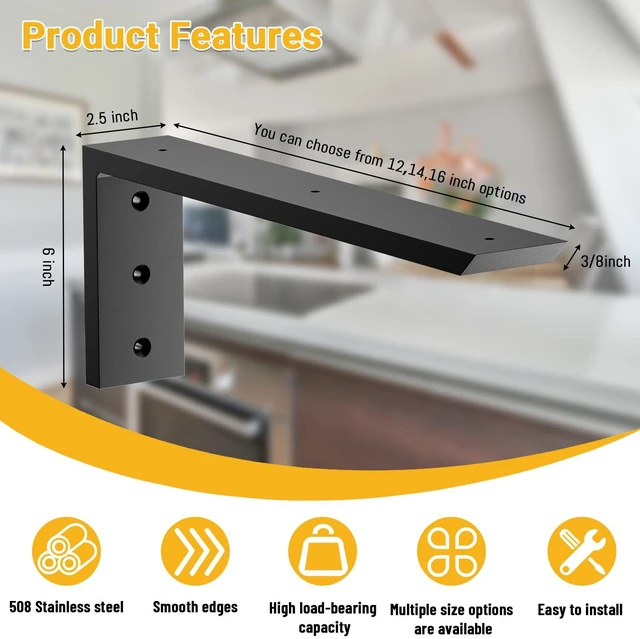 Alt view image 4 of 7 - Countertop Support Bracket 14 inch 4 Pack (3/8" Thick),Premium Heavy Duty Granite Countertop Brackets 14"x6"x2.5",Shelf L Bracket Mantel Corbels for Quartz,Wood,Concrete and Laminate Countertops