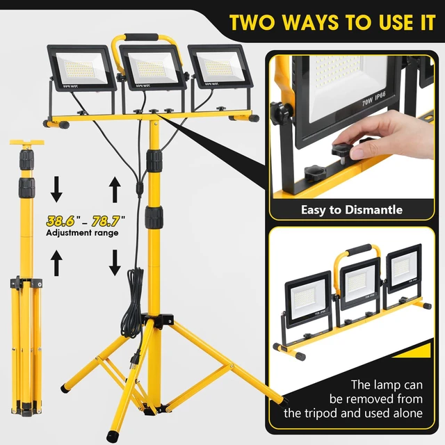 Alt view image 3 of 7 - 21000Lumen LED Work Lights with Stand - 3 Head Portable Work Light with 16FT Cord - IP66 Waterproof Tripod Worklights for Outdoor Indoor Job Site Workshop Garage Construction Site Lighting