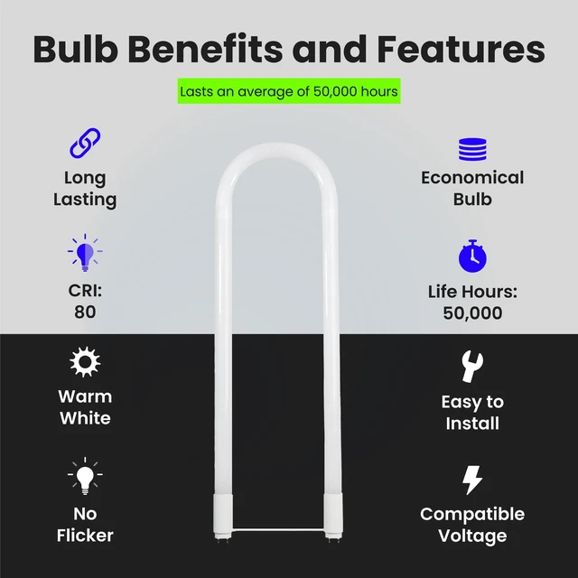 Alt view image 4 of 7 - T8 U-Bend LED Tube Light, 15 Watts, Replaces 32W FB32T8 Fluorescent U-Bend, 2100 Lumens, Cool White 4000K, Type A+B Direct Replacement or Ballast Bypass, G13 Base, 50,000 Hours, 4-Pack