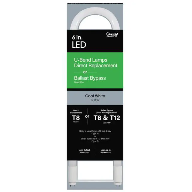 Alt view image 2 of 7 - T8 U-Bend LED Tube Light, 15 Watts, Replaces 32W FB32T8 Fluorescent U-Bend, 2100 Lumens, Cool White 4000K, Type A+B Direct Replacement or Ballast Bypass, G13 Base, 50,000 Hours, 4-Pack