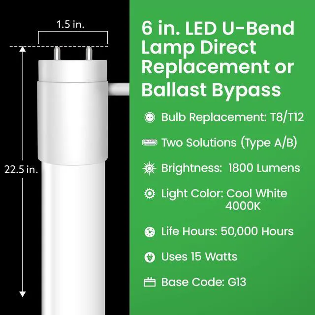 Alt view image 6 of 7 - T8 U-Bend LED Tube Light, 15 Watts, Replaces 32W FB32T8 Fluorescent U-Bend, 2100 Lumens, Cool White 4000K, Type A+B Direct Replacement or Ballast Bypass, G13 Base, 50,000 Hours, 4-Pack