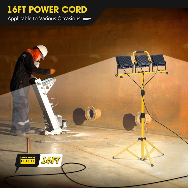Alt view image 7 of 7 - 21000Lumen LED Work Lights with Stand - 3 Head Portable Work Light with 16FT Cord - IP66 Waterproof Tripod Worklights for Outdoor Indoor Job Site Workshop Garage Construction Site Lighting