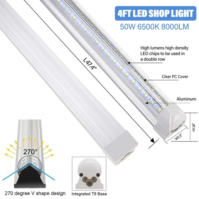 Alt view image 2 of 7 - 10Pack 4FT LED Shop Light - 50W 8000LM 6500K Linkable Clear Cover T8 LED Tube Light for Workshop, Warehouse, Basement - Plug and Play