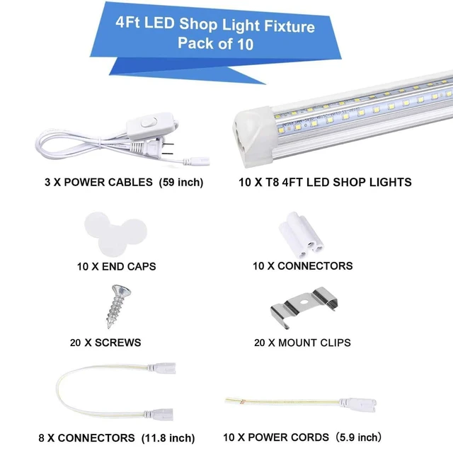 Alt view image 4 of 7 - 10Pack 4FT LED Shop Light - 50W 8000LM 6500K Linkable Clear Cover T8 LED Tube Light for Workshop, Warehouse, Basement - Plug and Play