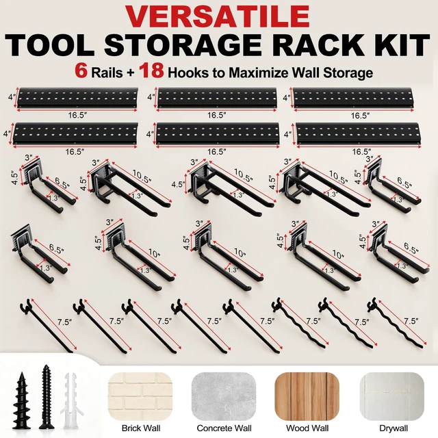 Alt view image 2 of 7 - Garage Tool Organizer Wall Mount 99 inches with 18 Adjustable Heavy-Duty Hooks, Garage Organization, Garden Tool Storage Rack, Yard, and Shed, Holds Up to 750 lbs