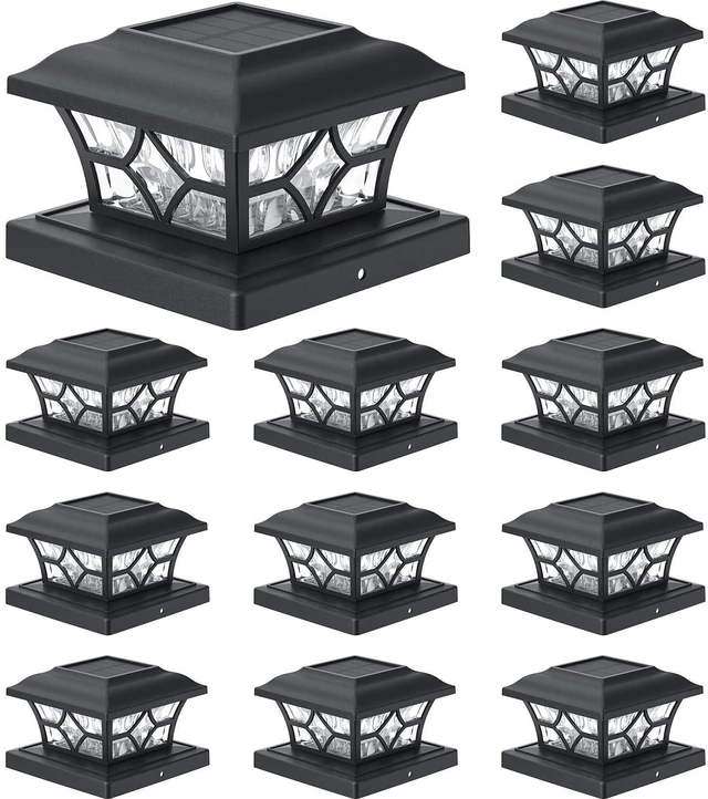 Main image of Solar Post Cap Lights 12 Pack with 1000mAh Battery - for 4x4 5x5 6x6 Fences, Larger Size & Longer Lasting, 2-Mode, IP64 Waterproof, for Fence Deck Patio Porch Yard (Black)