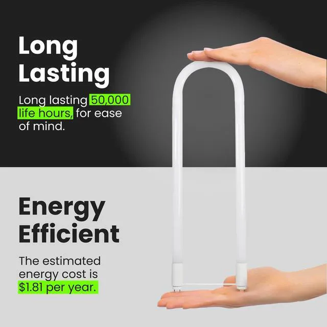 Alt view image 7 of 7 - T8 U-Bend LED Tube Light, 15 Watts, Replaces 32W FB32T8 Fluorescent U-Bend, 2100 Lumens, Cool White 4000K, Type A+B Direct Replacement or Ballast Bypass, G13 Base, 50,000 Hours, 4-Pack
