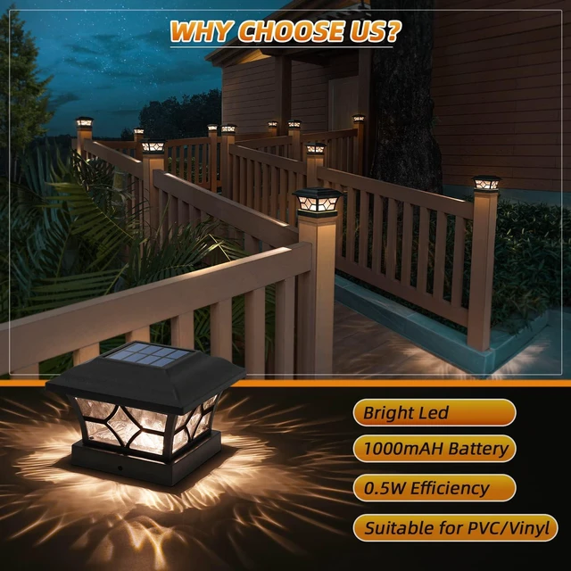 Alt view image 4 of 7 - Solar Post Cap Lights 12 Pack with 1000mAh Battery - for 4x4 5x5 6x6 Fences, Larger Size & Longer Lasting, 2-Mode, IP64 Waterproof, for Fence Deck Patio Porch Yard (Black)