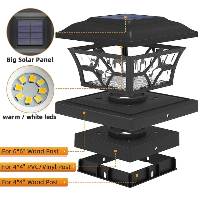 Alt view image 5 of 7 - Solar Post Cap Lights 12 Pack with 1000mAh Battery - for 4x4 5x5 6x6 Fences, Larger Size & Longer Lasting, 2-Mode, IP64 Waterproof, for Fence Deck Patio Porch Yard (Black)