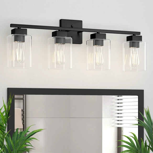 Main image of 4 Light Bathroom Vanity Light - Matte Black Bathroom Light Fixtures Square Design & UL Certification, Square Light Fixture Over Mirror, Farmhouse Light Fixtures for Bathroom & Bedroom