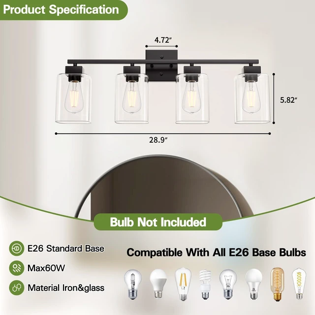 Alt view image 3 of 7 - 4 Light Bathroom Vanity Light - Matte Black Bathroom Light Fixtures Square Design & UL Certification, Square Light Fixture Over Mirror, Farmhouse Light Fixtures for Bathroom & Bedroom