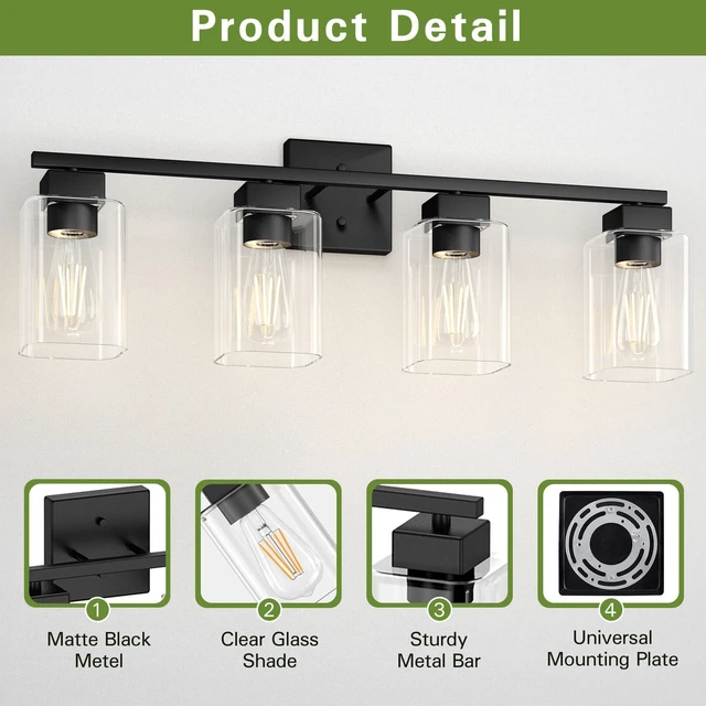 Alt view image 4 of 7 - 4 Light Bathroom Vanity Light - Matte Black Bathroom Light Fixtures Square Design & UL Certification, Square Light Fixture Over Mirror, Farmhouse Light Fixtures for Bathroom & Bedroom