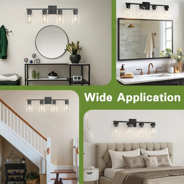 Alt view image 6 of 7 - 4 Light Bathroom Vanity Light - Matte Black Bathroom Light Fixtures Square Design & UL Certification, Square Light Fixture Over Mirror, Farmhouse Light Fixtures for Bathroom & Bedroom