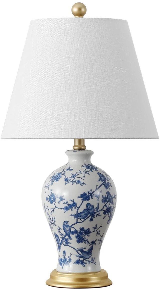 Main image of Grace 24" French Country Floral Urn Ceramic Lamp, Blue/White Chinoiserie Ginger Jar, French Country Cottage Style, Linen Shade, Gold Metal Base, LED Bulb Included