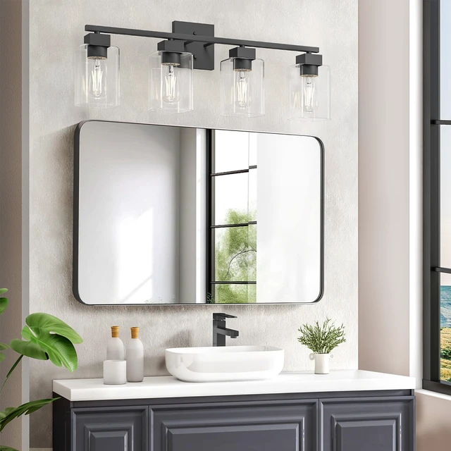 Alt view image 7 of 7 - 4 Light Bathroom Vanity Light - Matte Black Bathroom Light Fixtures Square Design & UL Certification, Square Light Fixture Over Mirror, Farmhouse Light Fixtures for Bathroom & Bedroom