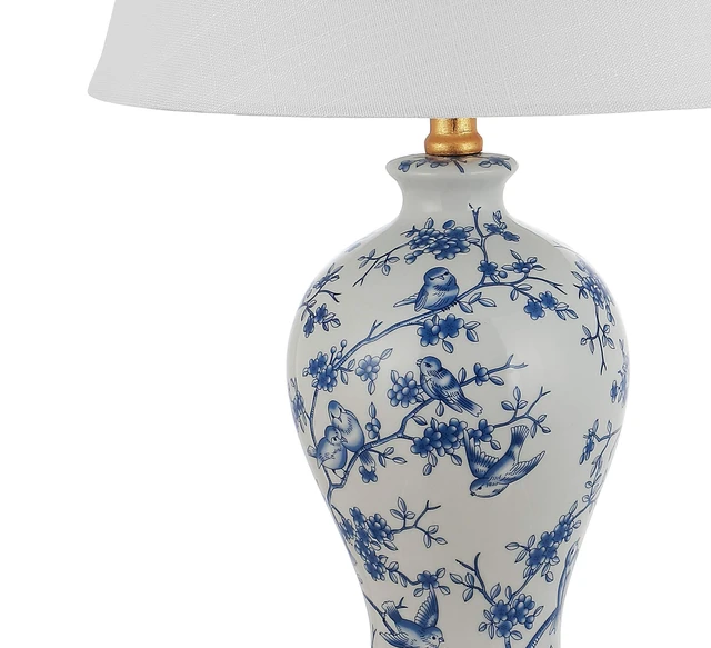 Alt view image 5 of 7 - Grace 24" French Country Floral Urn Ceramic Lamp, Blue/White Chinoiserie Ginger Jar, French Country Cottage Style, Linen Shade, Gold Metal Base, LED Bulb Included
