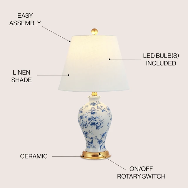 Alt view image 4 of 7 - Grace 24" French Country Floral Urn Ceramic Lamp, Blue/White Chinoiserie Ginger Jar, French Country Cottage Style, Linen Shade, Gold Metal Base, LED Bulb Included
