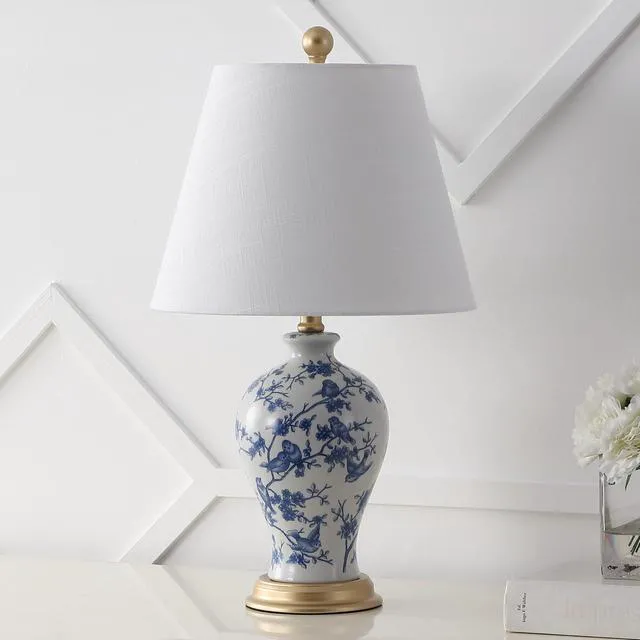 Alt view image 2 of 7 - Grace 24" French Country Floral Urn Ceramic Lamp, Blue/White Chinoiserie Ginger Jar, French Country Cottage Style, Linen Shade, Gold Metal Base, LED Bulb Included