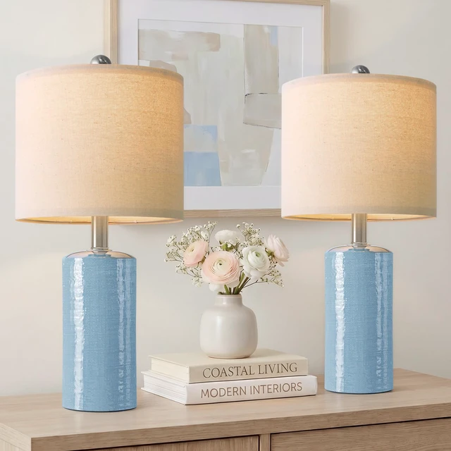 Alt view image 7 of 7 - Small Table Lamps Set of 2 for Living Room 20.25" Blue Lamps Bedside Lamps Ceramic Lamps for Night Stands, Table Lamps for Bedroom, Mid Century Modern Boho Farmhouse Nightstand Nursery Side Table Lamp