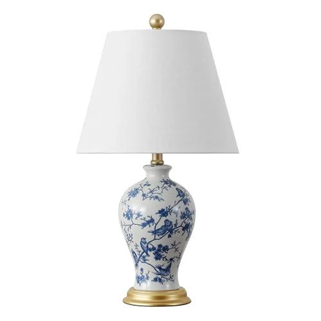 Alt view image 7 of 7 - Grace 24" French Country Floral Urn Ceramic Lamp, Blue/White Chinoiserie Ginger Jar, French Country Cottage Style, Linen Shade, Gold Metal Base, LED Bulb Included