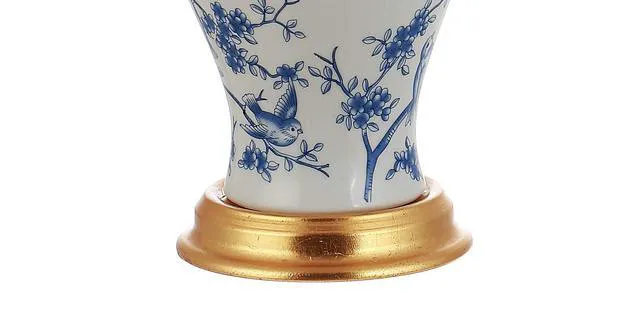 Alt view image 6 of 7 - Grace 24" French Country Floral Urn Ceramic Lamp, Blue/White Chinoiserie Ginger Jar, French Country Cottage Style, Linen Shade, Gold Metal Base, LED Bulb Included
