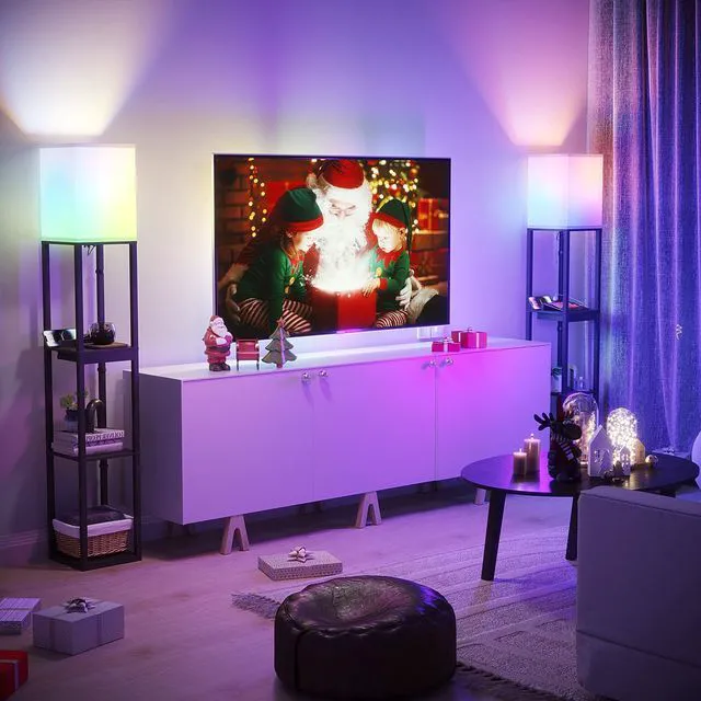 Alt view image 2 of 6 - RGB Floor Lamp with Shelves, Solid Wood Shelf Lamps for Living Room Smart APP RGB Bulb, 1 Drawer & 2 USB Ports & 2 Power Outlet, Modern Standing Lamp, Corner Tall Bookshelf for Bedroom