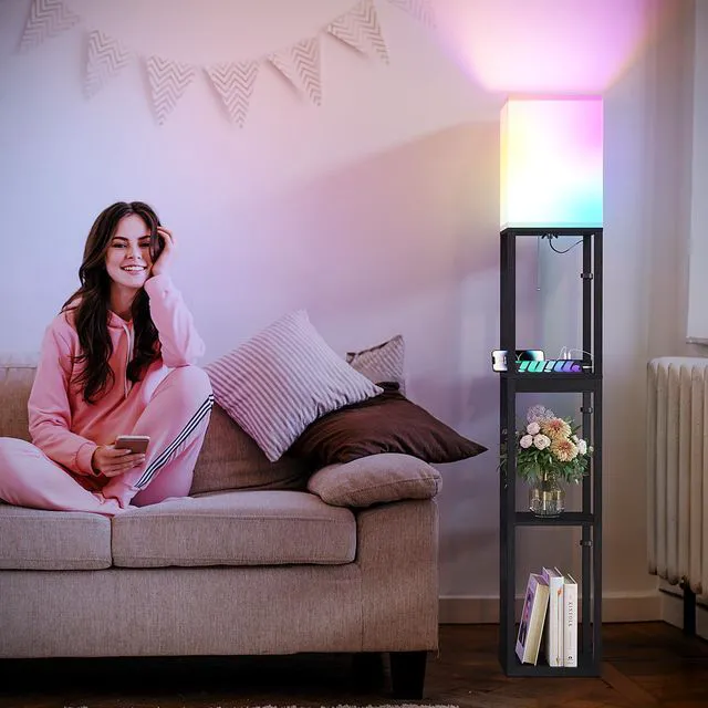Alt view image 3 of 6 - RGB Floor Lamp with Shelves, Solid Wood Shelf Lamps for Living Room Smart APP RGB Bulb, 1 Drawer & 2 USB Ports & 2 Power Outlet, Modern Standing Lamp, Corner Tall Bookshelf for Bedroom